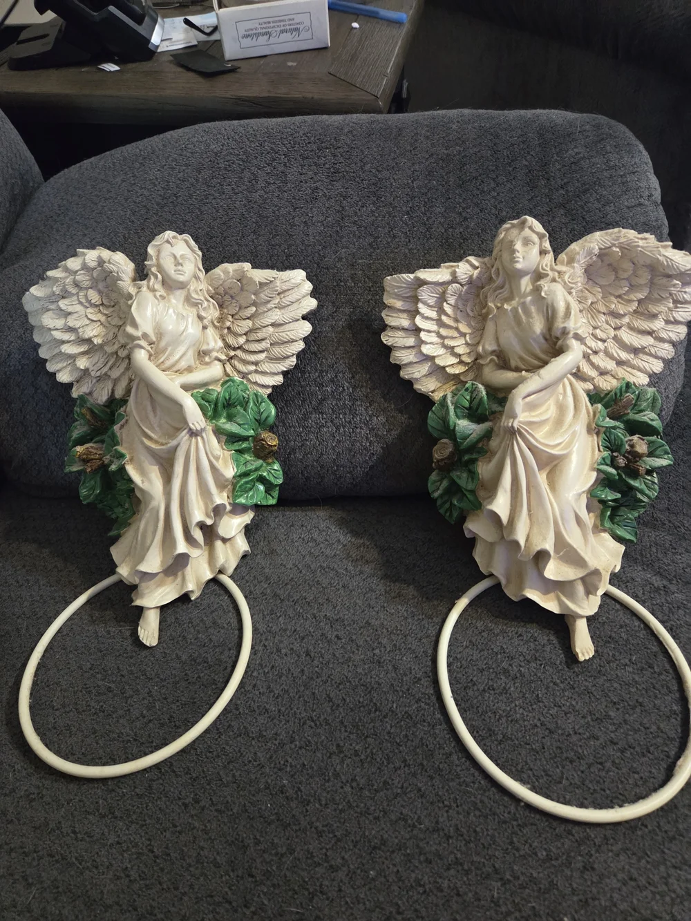 Pair of Cream Angel Wall Hangings with Green Floral Accents Towel Hangers